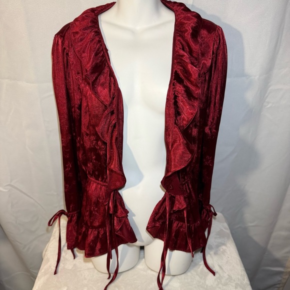 Love & Piece Collective Burgundy Ruffle Tie Blouse Large - Picture 4 of 10